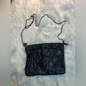 Whiting & Davis Vintage Sparkly Black Metal Mesh Zip Clutch Shoulder Evening Bag